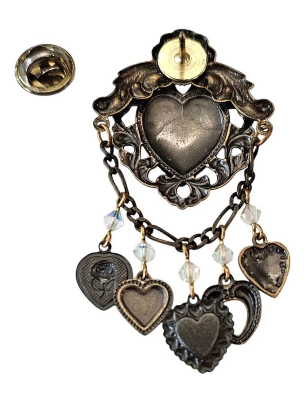 Heart Shield Pin Brass Chatelaine Style AB Rhinestone Dangle Lapel Tack, J24